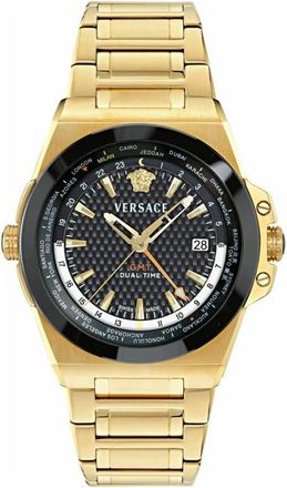 Versace Greca Reaction GMT Bracelet Watch, 44mm in Black/ip Yellow Gold at Nordstrom