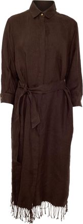 Max Mara Lignano Belted Fringed Midi Dress in Brown Linen