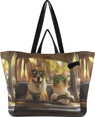 Generic Dog Cat Car Yellow print Reusable Canvas Tote Bag, Heavy Duty Grocery Shopping Bag with Double Handles Hard Bottom Large Capacity Work Groceries Trave