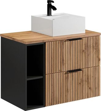 Vente-Unique Mueble de ba&ntilde;o suspendido con estantes y lavabo cuadrado sobre encimera - Natural claro - 80 cm - MADELA