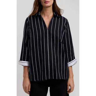 Foxcroft Agnes Dot Stripe Three-Quarter Sleeve Cotton Popover Top in Black/white at Nordstrom, Size X-Small