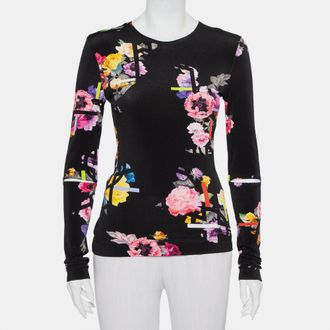 Preen Black Floral Printed Jersey Cutout Sleeve Detail Top
