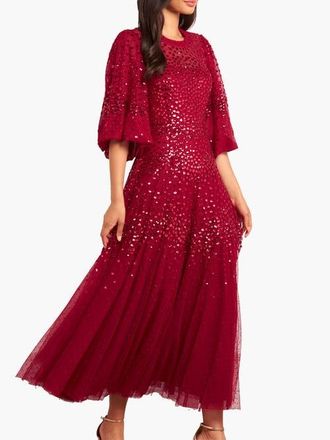 Needle & Thread Scallop Sequin Round Neck Maxi Dress in Red at Nordstrom, Size 12