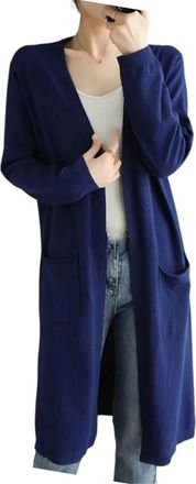 Generic Womens V-Neck Long Cashmere Wool Blend Cardigan, Buttonless with Pocket Trim Design Navy Blue