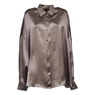 Dries Van Noten Shirts, female, Gray, Size: M Stretch Satin Silk Shirt