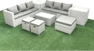 Fimous Garden Outdoor pe Rattan Furniture Set 9 Seater Rattan Garden Sofa Set with 3 Footstools 2 Side Tables Light Grey Mixed - Fimous
