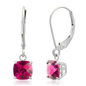 MAX + STONE Solid 10K White Gold Cushion Cut Dangle Gemstone Leverback Earrings