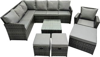 Fimous 10 Seat Poly Rattan Outdoor Patio Coffee Table Corner Sofa Set with 3 Stool Chair for Garden Backyard Dark Grey Mixed - Fimous