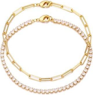 Adornia 14K Gold Plated Paper Clip Chain & Crystal Tennis Bracelet Set at Nordstrom Rack, Size 7