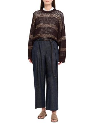 Brunello Cucinelli Sequin-Striped Open-Knit Sweater - Brown