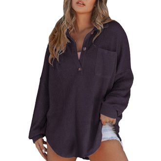 Generic Office Wear for Women UK Knit Tunic Tops for Women UK Oversized Solid Color Button T Shirts With Pocket Classic Loose Fit Long Sleeve Pullover Blouse 