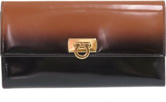 Ferragamo Black Brown Leather Long Wallet (Bi-Fold) (Pre-Owned)