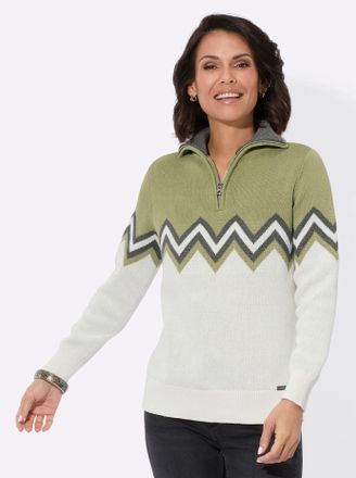 Casual Looks Troyer CASUAL LOOKS Pullover, Damen, Gr. 42, beige (schilf, ecru, gemustert), 100% Baumwolle, gemustert, mehrfarbig, Pullover Troyer