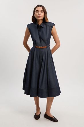 Karen Millen Womens Denim Tailored Belted Collared Full Midi Dress - Indigo Blue - Size 16 UK