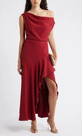 Chelsea28 Cascading Ruffle Crepe One-Shoulder Gown in Red Cinder at Nordstrom Rack, Size Xx-Small