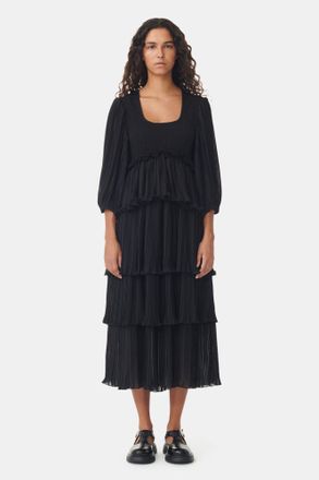 Ganni Black Pleated Georgette Flounce Smock Midi Dress - Size 4