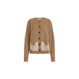 Alberta Ferretti Cashmere Cardigan with Lace Insert - female - Alberta Ferretti - Cashmere Knitwear - Beige - 2XL - Knitwear