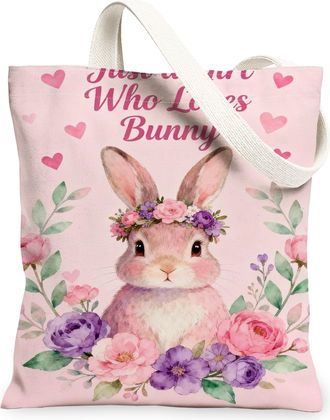 Generic Floral Rabbit Canvas Tote Bag, Cute Bunny Print Reusable Grocery Bags, Spring Lightweight Washable Shoulder Strap Canvas Ba, Peach, 13x15 Inch
