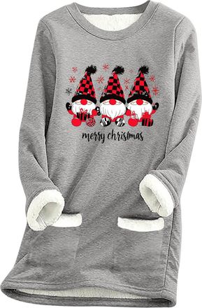 Generic Ladies Fleece Lined Jumpers Winter Warm Christmas Sweatshirt Plush Sweater Pullover Jumper Soft Round Neck Long Sleeve Tops with Pockets Thicken Comfy