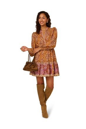 Adrianna Papell Womens Printed Short Dress - Brown - Size 14 UK