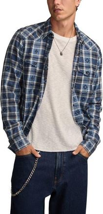 Lucky Brand Plaid Cotton Dobby Snap-Up Western Shirt in Indigo Multi at Nordstrom, Size Xx-Large