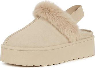 Generic 24890 Womens Faux Fur Lined Mules - Comfortable Platform Slippers with Cozy Fleece Interior - Slip-On Casual Shoes for Indoor and Outdoor Use (Beige, 