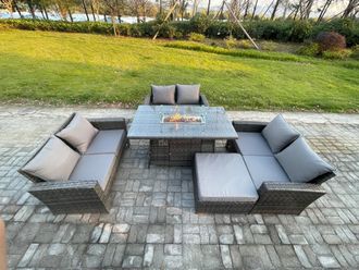 Fimous Outdoor Garden Dining Sets 7 Seater Rattan Patio Furniture Sofa Set with Gas Firepit Table Double Seat Sofa Big Footstool in Dark Grey