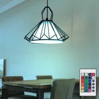 Globo Lighting Lampada a sospensione in tessuto bianco per sala da pranzo, lampada a sospensione a sospensione, griglia nera, dimmerabile con telecomando, led rgb