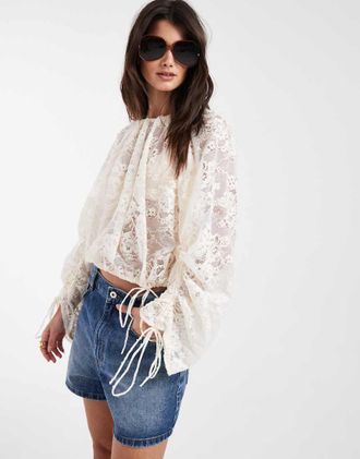 & Other Stories blusa in pizzo a maniche lunghe bianca-Marrone