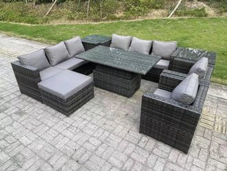 Fimous 9 Seater Rattan Adjustable Rising Table With 2 Side Coffee Tables Chairs Footstool in Dark Grey