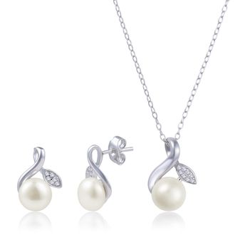 MAX + STONE 925 Sterling Silver Diamonds, Freshwater Pearl Earrings & Pendant Necklace Set