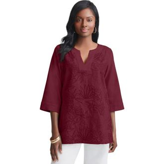 Jessica London Linen V-Neck Embroidered Tunic in Burgundy Leaf Embroidery at Nordstrom, Size 12