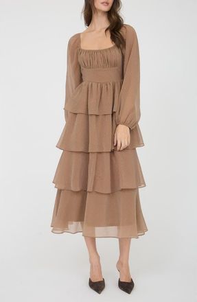 Blu Pepper Long Sleeve Tiered Metallic Chiffon Midi Dress in Mocha at Nordstrom Rack, Size Medium