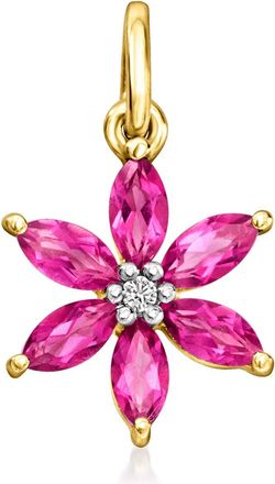 RS Pure by Ross-Simons Pink Topaz Flower Charm With Single White Sapphire in 14kt Yellow Gold