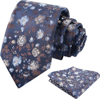 Alizeal Mens 8cm Floral Printed Wedding Party Classic Colorful Necktie with Hanky Set, Navy+Brown