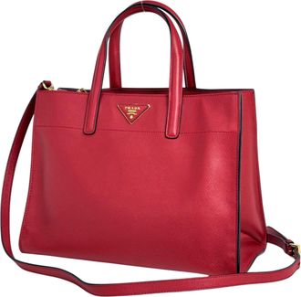 Prada Red Color Saffiano Triangle Leather Shoulder Bag Tote Bag (Pre-Owned)