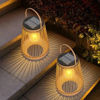 OEM Paquete De 2 Faroles Solares Para Iluminaci&oacute;n Exterior, 14,2 X 18,5 Cm, Faroles Solares Para Iluminaci&oacute;n Exterior, Rat&aacute;n Redondo, Terraza, Patio