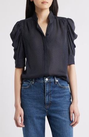 Frame Denim The Gillian Puff Sleeve Silk Blouse in Navy Multi at Nordstrom Rack, Size X-Large
