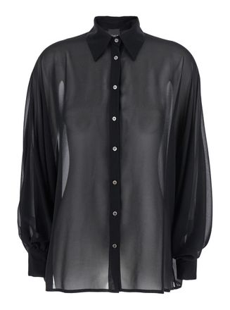 Plaîn Black Oversize Blouse With Classic Collar And See-Through Design In Fabric Woman