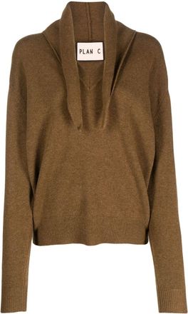 Plan C attached-scarf ribbed-knit jumper - women - Wool/Cashmere - 38 - Brown