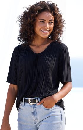 Lascana Plisseeshirt LASCANA, Damen, Gr. 32/34, schwarz, Jersey, Obermaterial: 65% Polyester, 35% Viskose, unifarben, l&auml;ssig geschnitten normal, V-Ausschnitt,