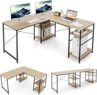 Costway Costway - Escritorio De Ordenador En Forma De L, 3 Orificios Para Cables, Estante Extra, 2 Formas, Mesa De Trabajo De 2 Personas,mesa Escritorio Esqui