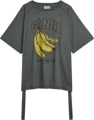 Ganni Printed Drawstring Cotton T-shirt - Grey - S/M (UK10-12 / M)