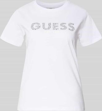 Guess T-Shirt mit Label-Print und Strasssteinbesatz in Weiss, Gr&ouml;&szlig;e XL