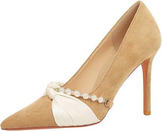 Generic Women Pointed Toe Stiletto High Heels 10CM Satin Wedding Pumps Pearl Chain Bow Suede Shoes for Bride Prom Party (Khaki,3.5)