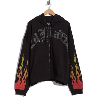 Ed Hardy Skull Flames Rhinestone Boxy Zip Hoodie in Black at Nordstrom Rack, Size Xx-Large
