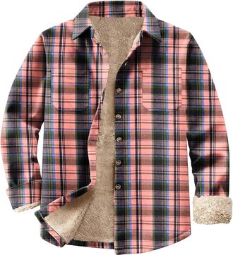 Generic Women Fleece Lined Jackets - Plaid Soft Fuzzy Coat, Flannel Long Sleeve Button Down Shackets, Fluffy Sherpa Winter Warm, Checked Lumberjack Shirt, Lad