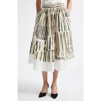 Jason Wu Stripe Collage Stretch Cotton Midi Skirt in Plaster/Hunter Green Plhg at Nordstrom, Size 12