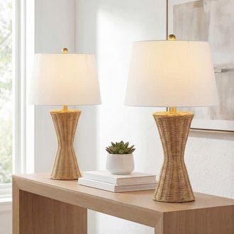 Jonathan Y Designs Laura 27 Coastal Designer Iron/Rattan Wicker LED Table Lamp, Natural at Nordstrom