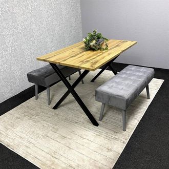 Kosy Koala Wooden Dining Table with 2 Grey Velvet Padded Benches, Stylish Dining Room Furniture in Brown